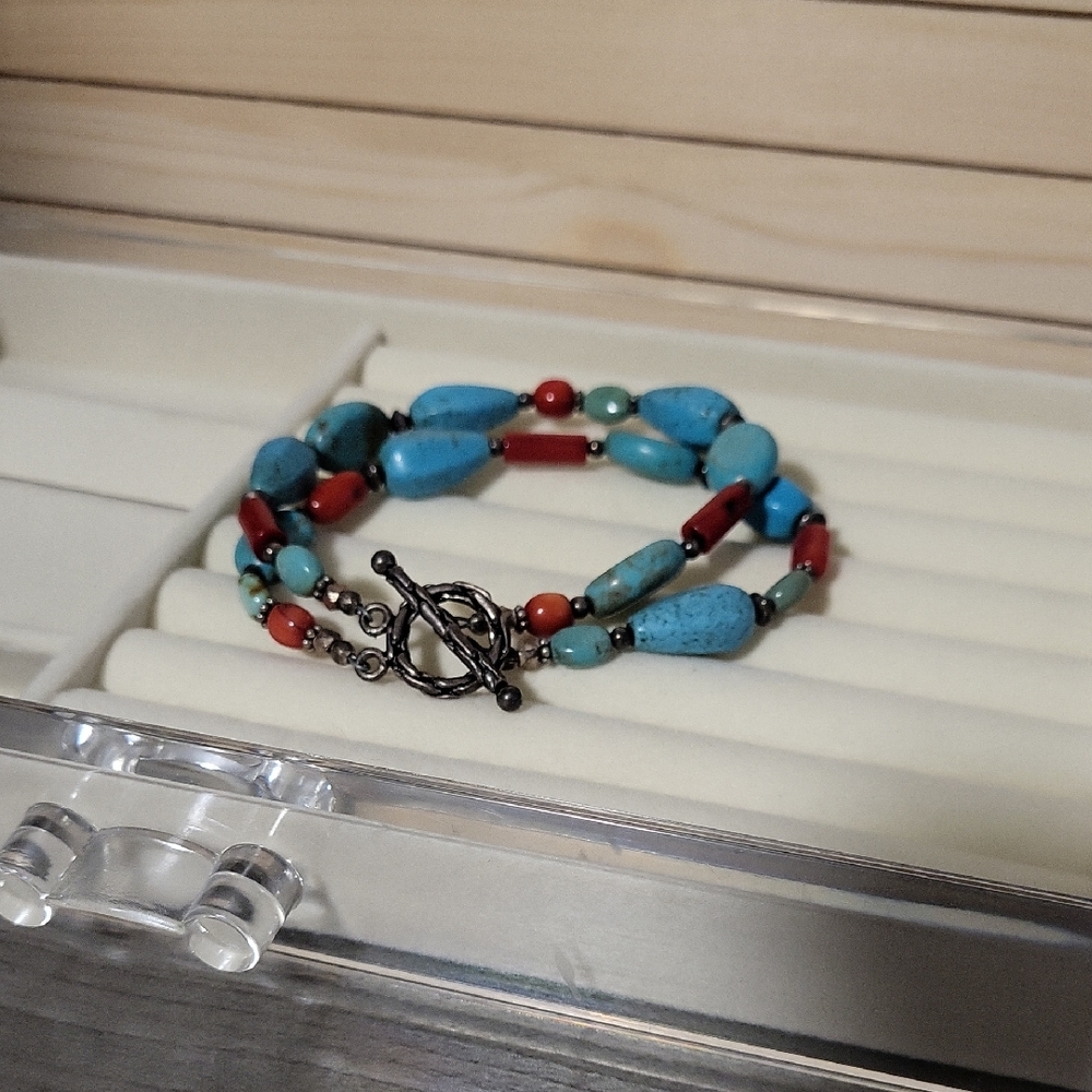 Southwestern Red Coral Turquoise Beaded Tennis  Bracelet Sterling Clasp 8 Inch